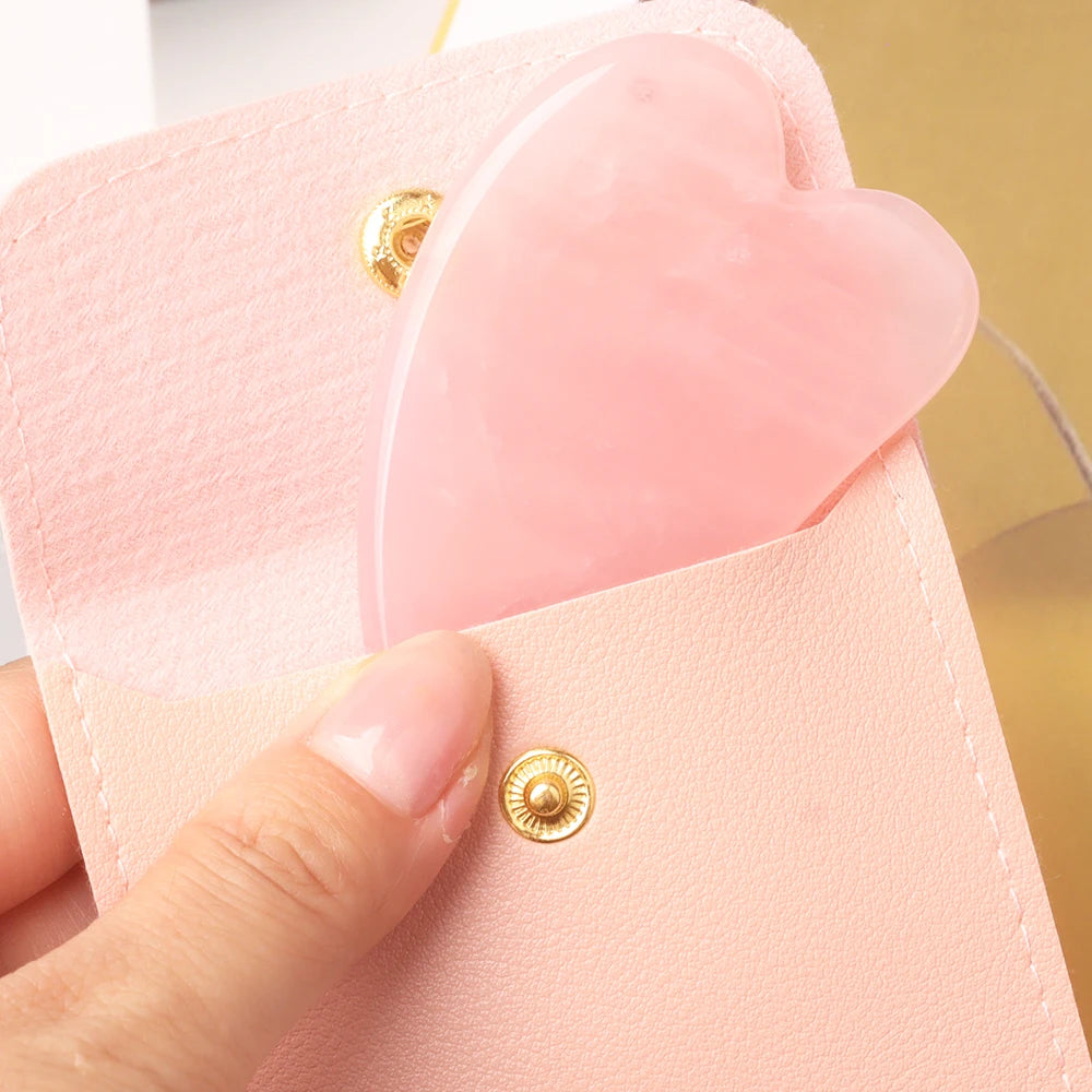 Rose Quartz-Style Gua Sha Facial Stone with Pouch